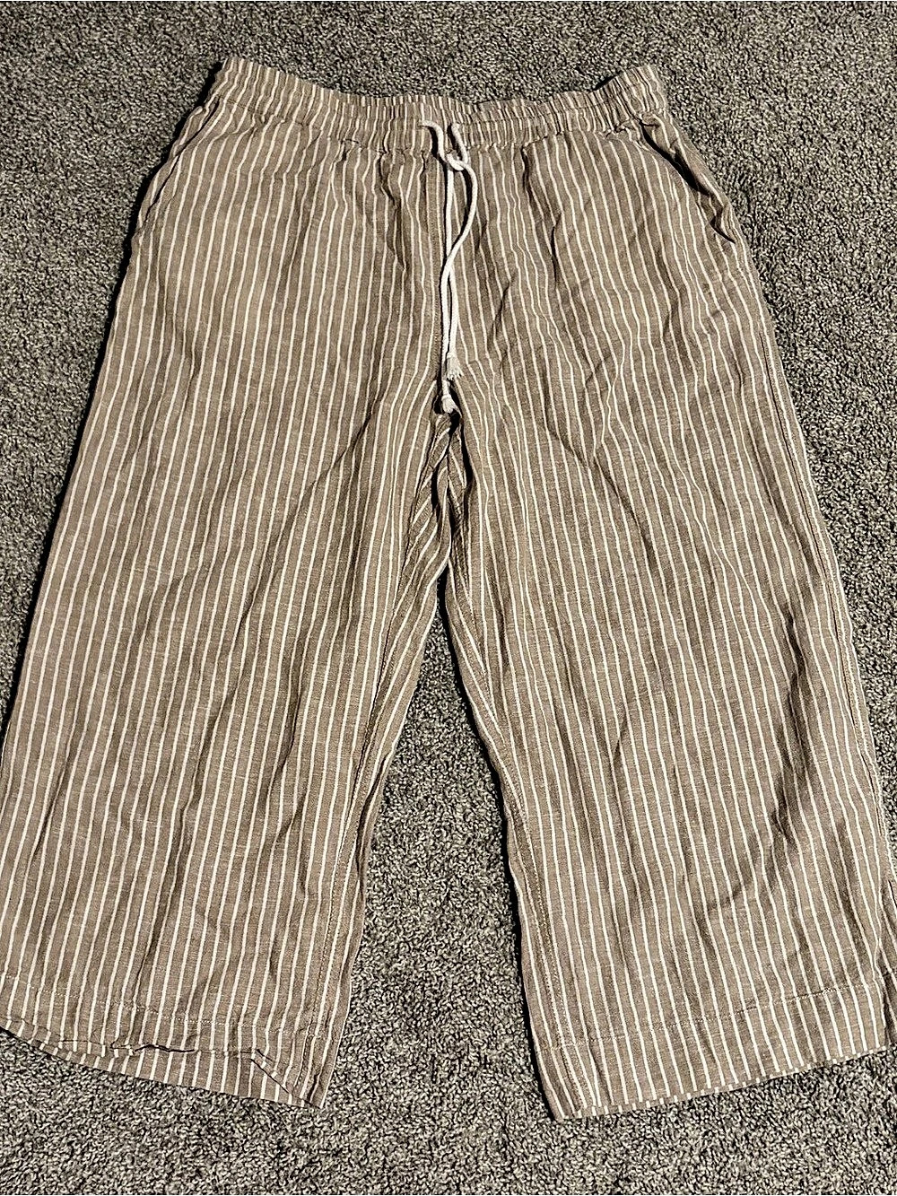 Striped Wide Leg Linen Capris in Brown & White
